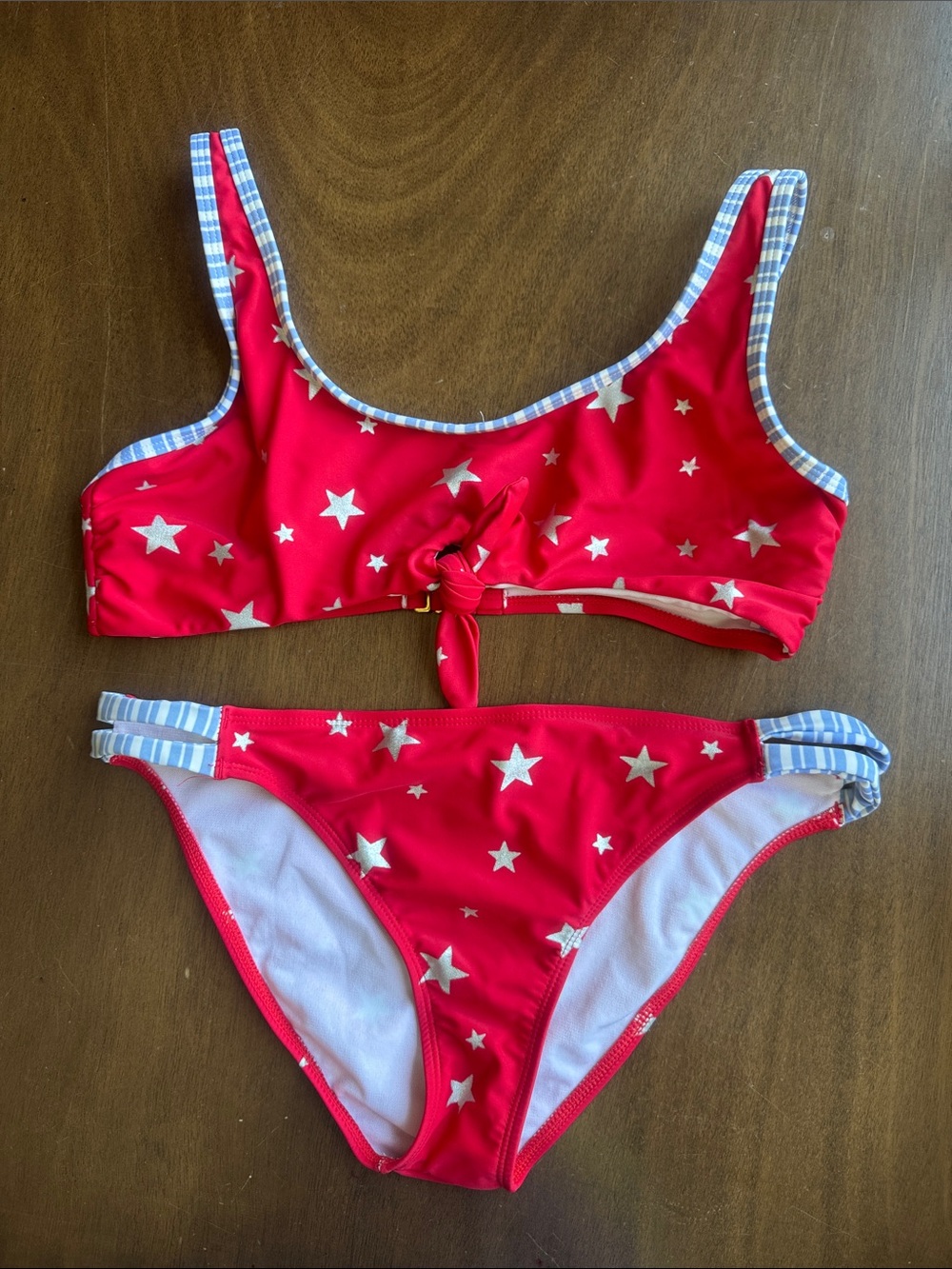 California Waves Red Bikini with Silver Star Print and Blue Stripe Trim